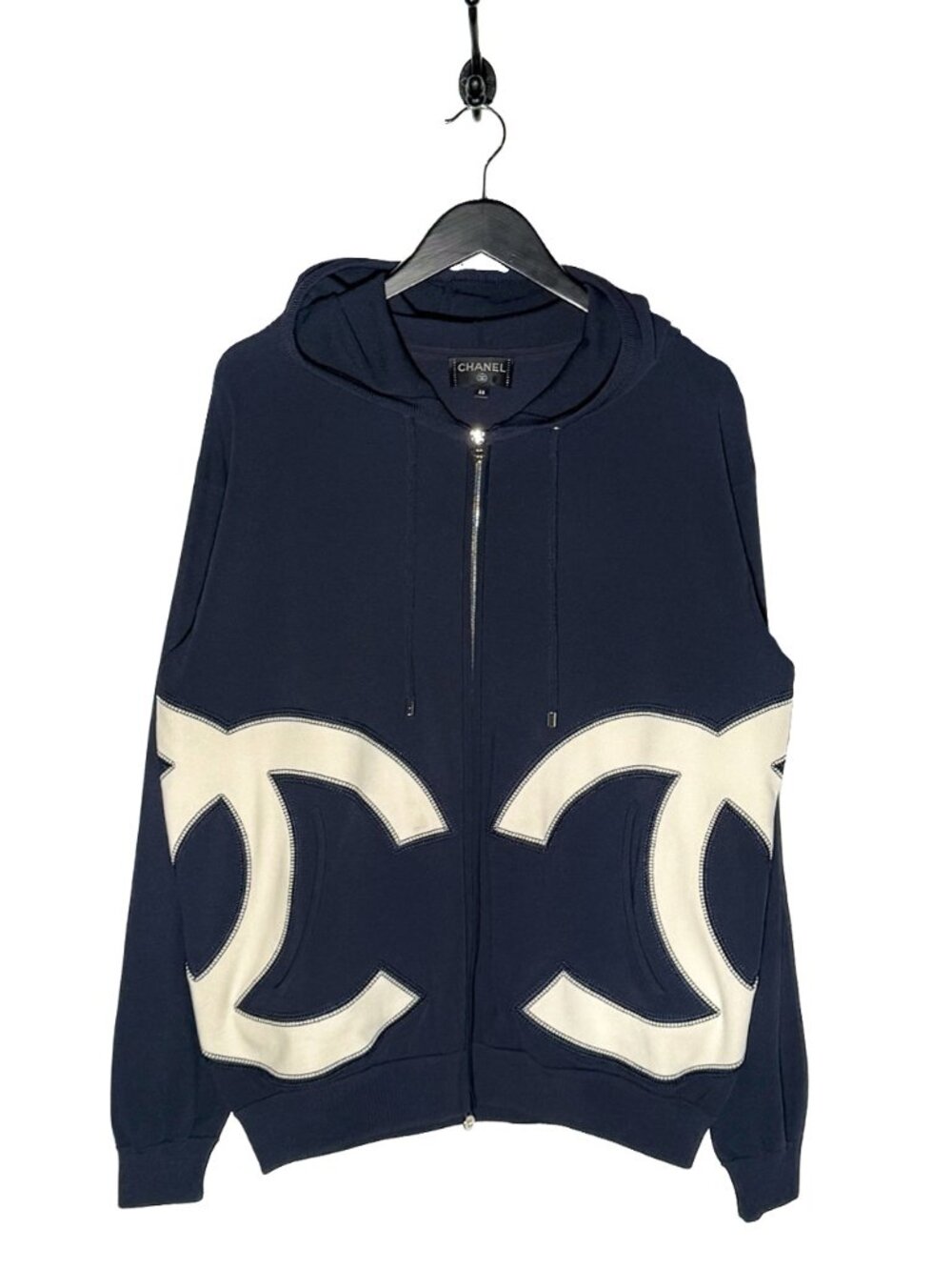 Chanel 2018 White Interlocking CC Logo Navy Blue Hoodie